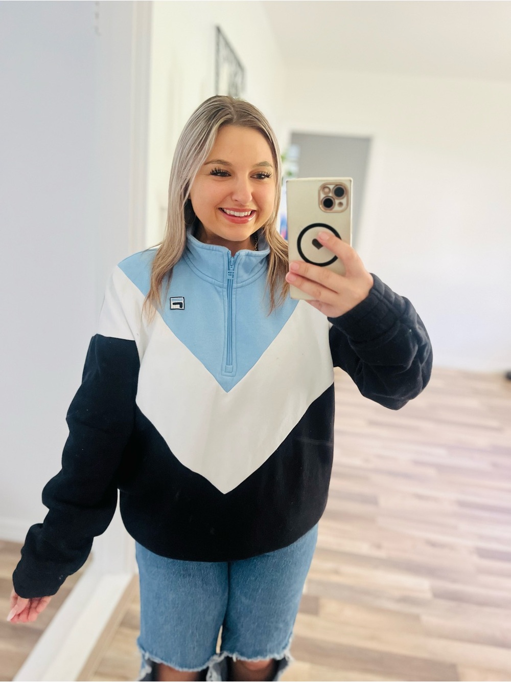 Fila Women's Colorblock Quarter-Zip Pullover - Black/White/Light Blue
